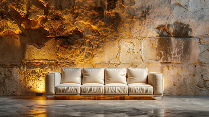 Wall Mural - Modern white leather sofa on the old stone wall background