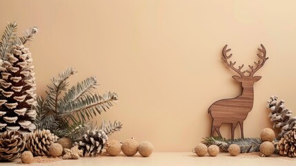 Wall Mural - Christmas Card Mockup Featuring Wooden Deer on Beige Background