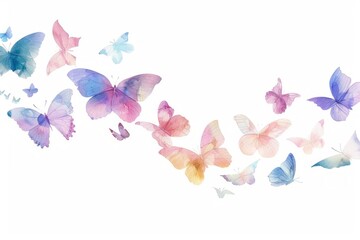 light colored butterflies flying in a curved line on a white background, concept for card, with copy