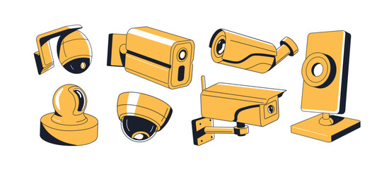 Set of monochrome CCTV cameras. Different cams of video surveillance systems for safety. Security equipment with lens for observation. Contoured flat isolated vector illustrations on white background