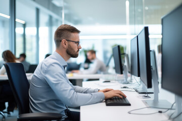 Wall Mural - man at computer, software developer working on coding script or cyber security in bright modern offi