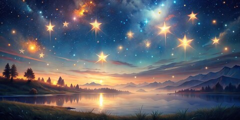Wall Mural - Tender digital painting of stars in the sky, featuring romanticized landscapes in serene atmospheric perspectives