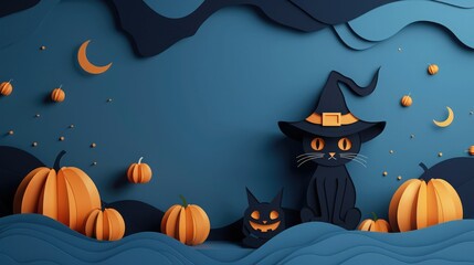 Stylish Halloween background featuring black cats with witch hats and pumpkins in a minimalist dark blue and orange color scheme.