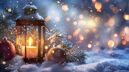 Wall Mural - Background with lit candle in lantern baubles in snow