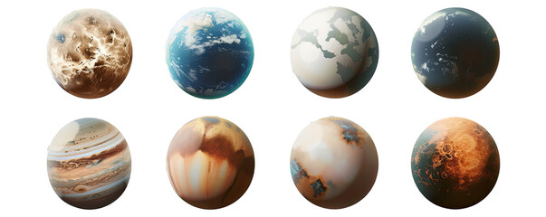 set of eight diverse planets with unique textures and colors, showcasing the beauty of outer space.