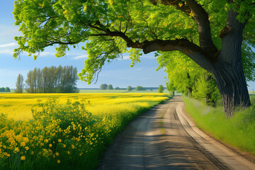 Canvas Print - Spring fields & allee in summer, wonderful intense colors


