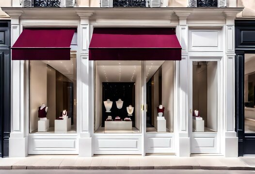 luxury parisian boutique storefront  with burgundy awning