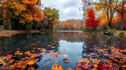 Wall Mural - serene autumn landscape with vibrant foliage reflected in tranquil pond