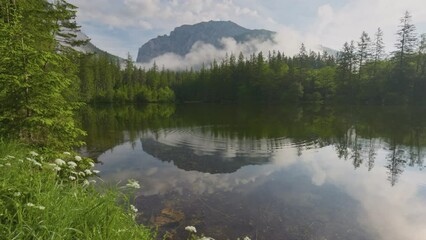 Fototapete - Austrian alpine lake surrounded by forests and mountains. Sunny morning in the Austrian Alps - landscape with lake, forest and mountains. Gimbal shot, 4K