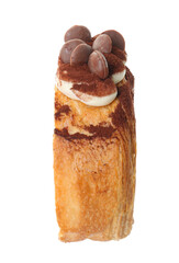 Poster - One supreme croissant with chocolate chips and cream on white background. Tasty puff pastry