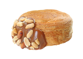 Poster - One supreme croissant with chocolate paste and nuts on white background. Tasty puff pastry