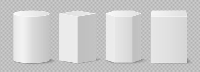 Pedestals or podium, abstract geometric empty museum scenes, exhibits for award ceremony or product presentation. Gallery platform, geometric empty product stands, realistic 3d vector set