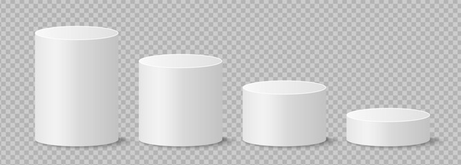 Pedestals or podium, abstract geometric empty museum scenes, exhibits for award ceremony or product presentation. Gallery platform, geometric empty product stands, realistic 3d vector set