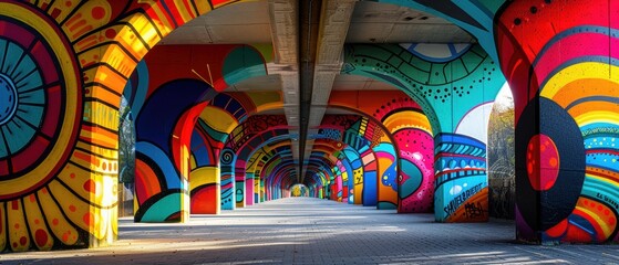 Graffiti art on a bridge, vibrant designs blending with urban architecture