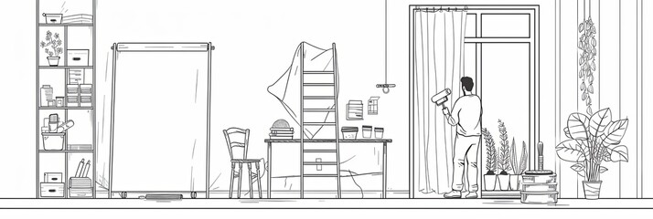 Wall Mural - Continuous line drawing of a painter using a roller to paint a wall in a room. Generative AI