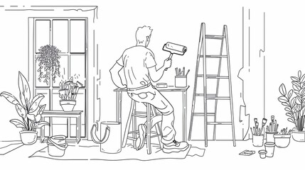 Wall Mural - Drawing of a painter decorator repairman at a home renovation project, sitting on a stool with a paint roller, ready to paint the wall. Generative AI