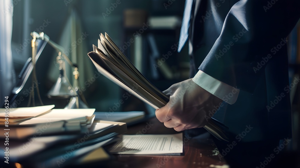 Attorney reviewing case files in a professional office with documents ...