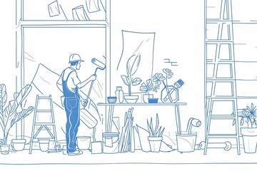 Wall Mural - A single-line drawing showing a painter with a roller painting a room, with plants, ladders, and home improvement tools in the background. Generative AI