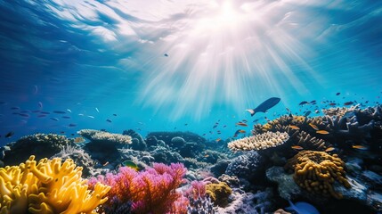 Wall Mural - A vibrant underwater scene featuring colorful coral reefs, various species of fish, and sunlight streaming through the water.