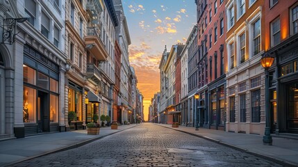 Wall Mural - Empty street in a historic city at sunrise