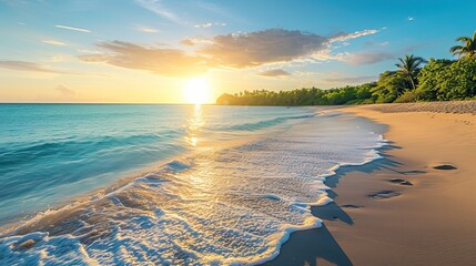 Wall Mural - A serene beach scene at sunset with gentle waves lapping the shore, footprints in the sand, and lush greenery in the background.