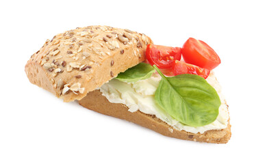 Wall Mural - Pieces of bread with cream cheese, basil leaves and tomato isolated on white