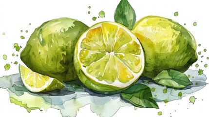 Wall Mural - Watercolor Painting of Limes with Leaves