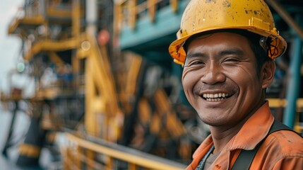 Wall Mural - Smiling oil worker in front of rig.