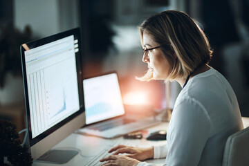 Screen, graphs and woman with computer in office for investment, analysis and growth of revenue. Business, data analyst and monitor with internet at night for trading portfolio, report and kpi review