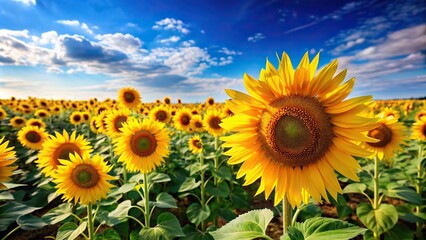 Wall Mural - Vibrant sunflower field under a clear blue sky, sunflowers, field, nature, yellow, agriculture, summer, landscape, farm, growth
