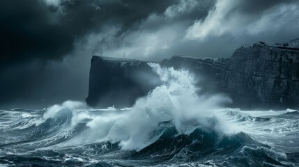  raw power of the Southern Ocean as it crashes against the rocky shores of the Kerguelen Islands during a storm. The photograph freezes a moment of chaos and drama, with towering waves surging towards 