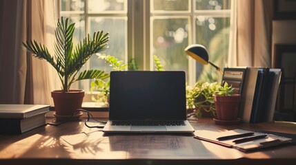 Aufkleber - A tidy work desk with a laptop, notebook, and potted plant, bathed in soft morning light