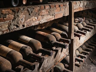 antique wooden wine rack filled with an array of vintage wine bottles, each label worn and rich with