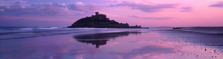 Castle on top of an hill, surrounded in by sand dunes, pink and purple sky reflecting in water and beach at twilight, with distant waves crashing onto shore, taken at sunset, with clear skies