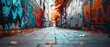 © Starkreal - Panoramic view of a city street lined with graffiticovered walls, vibrant urban energy and high detail, ideal for creative backgrounds