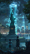 © sommersby - Two figures stand on a railing overlooking the Statue of Liberty, illuminated with blue lights against a nighttime cityscape