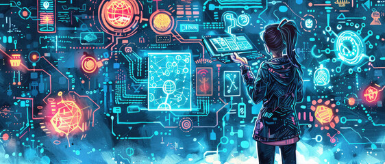 A young woman interacts with a digital interface, illuminated with glowing blue and red icons and circuitry