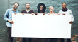 © C Pendl�/peopleimages.com - Mockup, space and group of business people with poster outdoor for advertising, portrait or company announcement. Collaboration, employees or empty billboard for marketing banner or about us branding