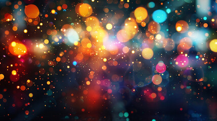 a lively bokeh effect with bright, multicolored light spots on a black background