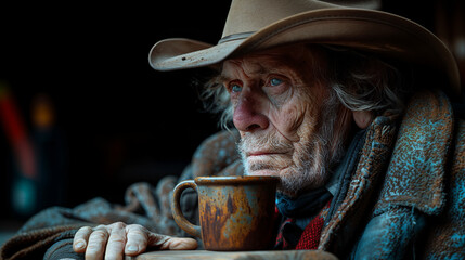 Canvas Print - portrait of an old man with a mug of dring at the morning in the farm