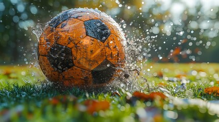 Wall Mural - A vivid image of a soccer ball splashing water on a grass field, symbolizing action and play