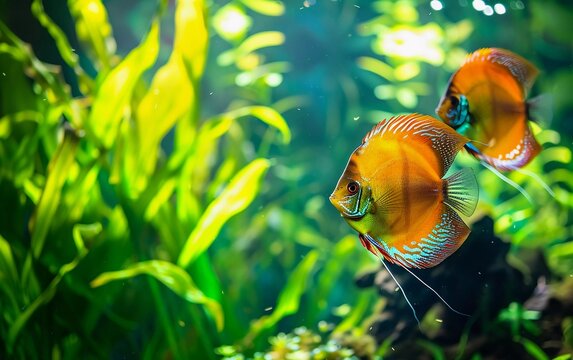 Vibrant Planted Aquarium with schools of Tropical Fish. such as wild discus, Altum Angelfish and small tetra