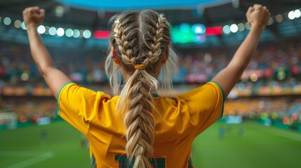 Wall Mural - A woman's back with intricate braids as she observes a vibrant sports event, symbolizing fandom and team spirit