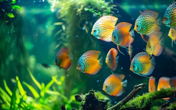 vibrant planted aquarium with schools of tropical fish. such as wild discus, altum angelfish and sma