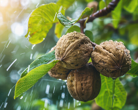 Close up of Wet Walnuts Hanging from a Tree Branch in an Orchard After Rain
