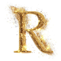 Wall Mural - Golden glowing letter R with gold dust on white clean background. Scrapbook activity. Generative AI