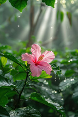 Canvas Print - Morning Dew on a Pink Hibiscus Flower in a Lush Green Garden with Sunlight Streaming Through Leaves Creating a Magical and Serene Atmosphere