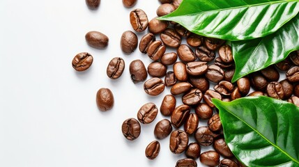 Wall Mural - Coffee beans and green leaves roasted on a white background