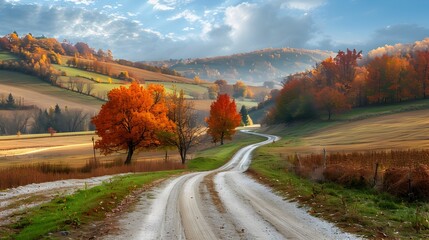 Canvas Print - Winding Autumn Country Road Through Scenic Hilly Landscape with Vibrant Foliage