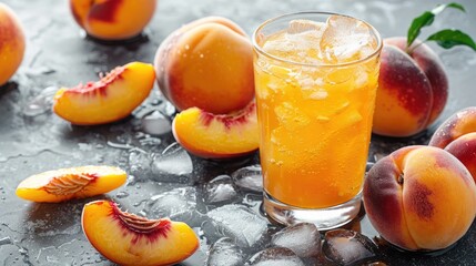 Wall Mural - Ripe peaches and a chilled glass of juice with ice on a gray surface Close up view